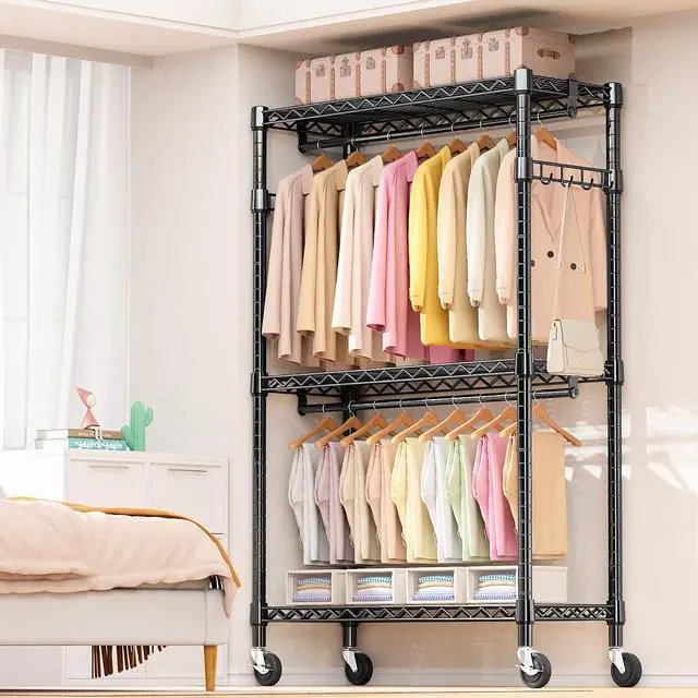Alt view image 7 of 7 - M 2 PCS Heavy Duty Rolling Garment Rack 3 Tiers Adjustable Wire Shelving Clothes Rack with Rods and Side Hooks,Storage Closet Clothing Rack with Wheels Black
