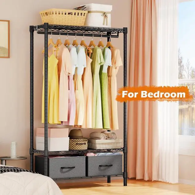 Alt view image 5 of 6 - M Heavy Duty Rolling Garment Rack 3 Tiers Adjustable Wire Shelving with Rod, Storage Closet Clothing Rack with Drawers Dark Grey, 15.8" D x 35.5" W x 72.4" H