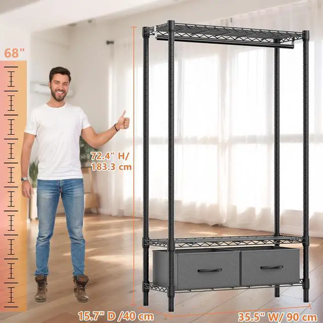 Alt view image 6 of 6 - M Heavy Duty Rolling Garment Rack 3 Tiers Adjustable Wire Shelving with Rod, Storage Closet Clothing Rack with Drawers Dark Grey, 15.8" D x 35.5" W x 72.4" H