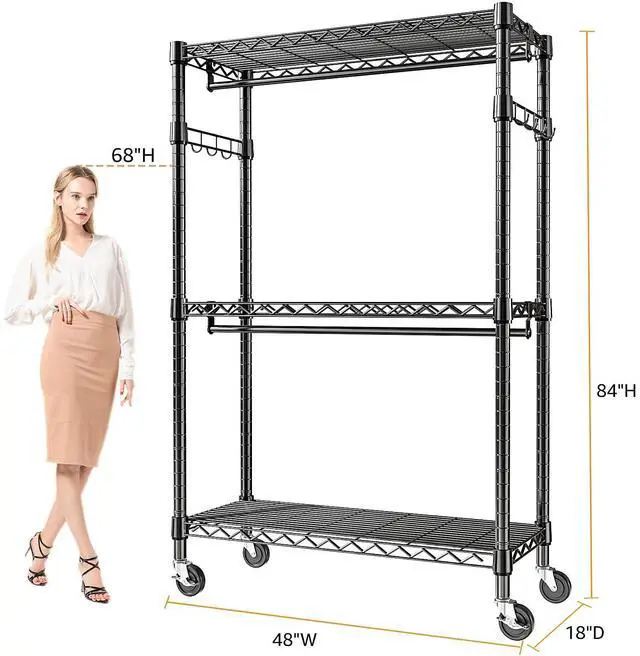 Alt view image 4 of 7 - M Heavy Duty Rolling Garment Rack 3 Tiers Adjustable Wire Shelving Clothes Rack with 2 Rods and Side Hooks, Storage Closet Clothing Rack with Wheels Black 17.7" D x 47.2" W x 83.6" H