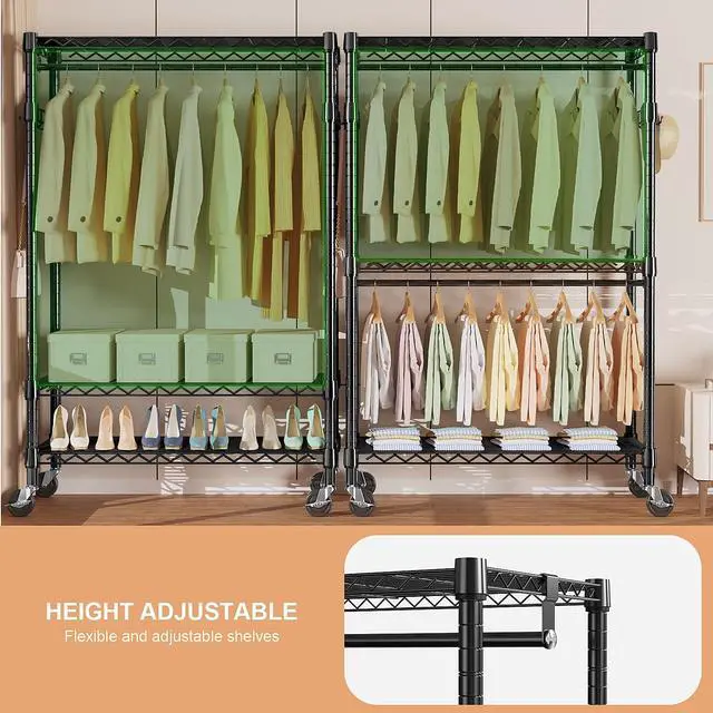 Alt view image 5 of 7 - M Heavy Duty Rolling Garment Rack 3 Tiers Adjustable Wire Shelving Clothes Rack with 2 Rods and Side Hooks, Storage Closet Clothing Rack with Wheels Black 17.7" D x 47.2" W x 83.6" H