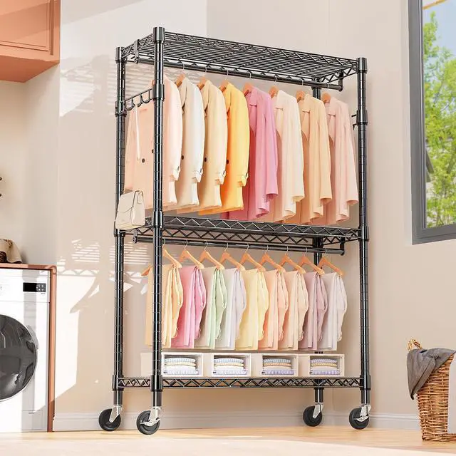 Alt view image 7 of 7 - M Heavy Duty Rolling Garment Rack 3 Tiers Adjustable Wire Shelving Clothes Rack with 2 Rods and Side Hooks, Storage Closet Clothing Rack with Wheels Black 17.7" D x 47.2" W x 83.6" H