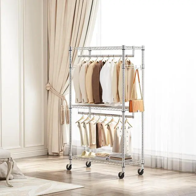 Alt view image 2 of 7 - M Heavy Duty Rolling Garment Rack 3 Tiers Adjustable Wire Shelving Clothes Rack with 2 Rods and Side Hooks,Storage Closet Clothing Rack with Wheels Chrome 15.7" D x 29.5" W x 74.5" H
