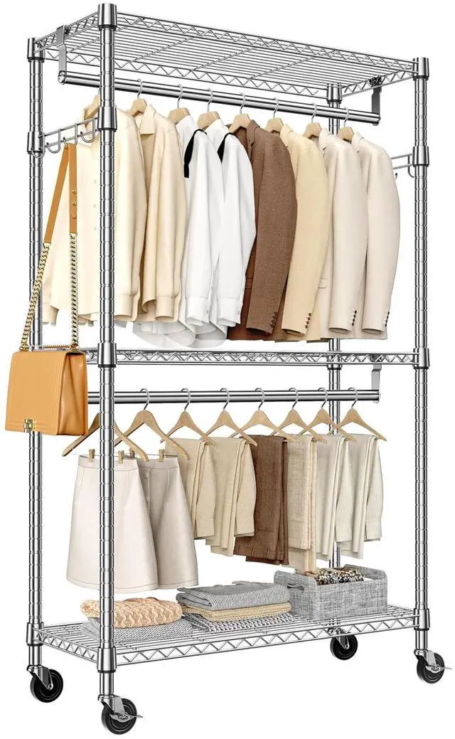 Main image of M Heavy Duty Rolling Garment Rack 3 Tiers Adjustable Wire Shelving Clothes Rack with 2 Rods and Side Hooks,Storage Closet Clothing Rack with Wheels Chrome 15.7" D x 29.5" W x 74.5" H