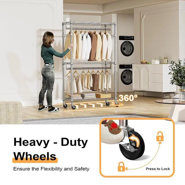 Alt view image 4 of 7 - M Heavy Duty Rolling Garment Rack 3 Tiers Adjustable Wire Shelving Clothes Rack with 2 Rods and Side Hooks,Storage Closet Clothing Rack with Wheels Chrome 15.7" D x 29.5" W x 74.5" H