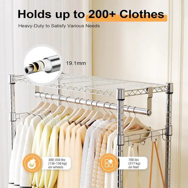 Alt view image 6 of 7 - M Heavy Duty Rolling Garment Rack 3 Tiers Adjustable Wire Shelving Clothes Rack with 2 Rods and Side Hooks,Storage Closet Clothing Rack with Wheels Chrome 15.7" D x 29.5" W x 74.5" H