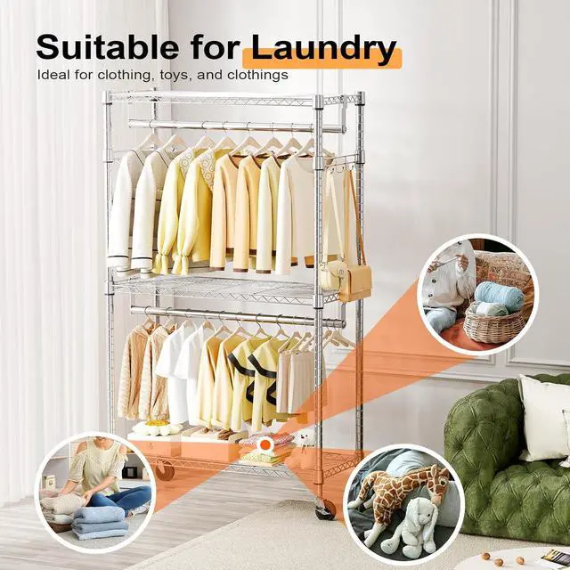 Alt view image 5 of 7 - M Heavy Duty Rolling Garment Rack 3 Tiers Adjustable Wire Shelving Clothes Rack with 2 Rods and Side Hooks,Storage Closet Clothing Rack with Wheels Chrome 15.7" D x 29.5" W x 74.5" H