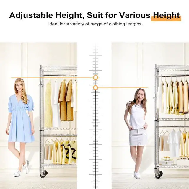 Alt view image 7 of 7 - M Heavy Duty Rolling Garment Rack 3 Tiers Adjustable Wire Shelving Clothes Rack with 2 Rods and Side Hooks,Storage Closet Clothing Rack with Wheels Chrome 15.7" D x 29.5" W x 74.5" H