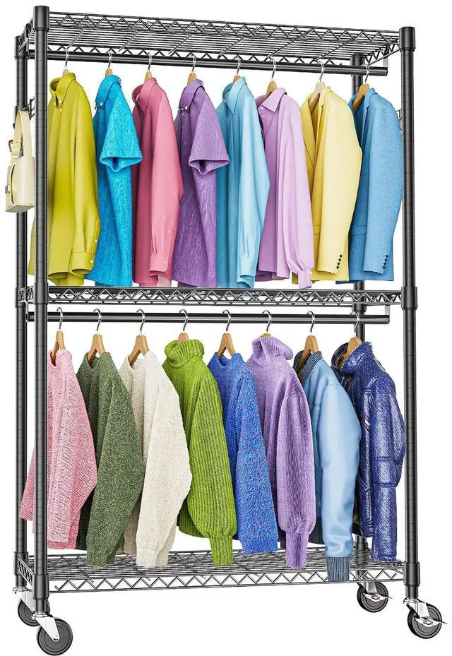 Main image of M Heavy Duty Rolling Garment Rack 3 Tiers Adjustable Wire Shelving Clothes Rack with 2 Rods and Side Hooks,Storage Closet Clothing Rack with Wheels Black 15.7" D x 45.3" W x 79.6" H