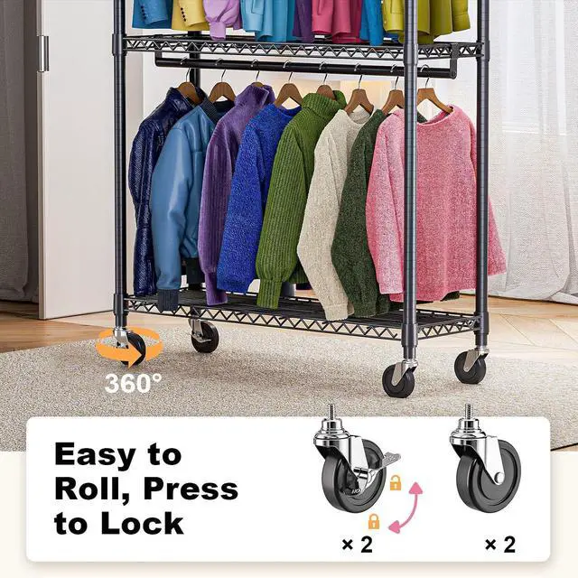 Alt view image 3 of 7 - M Heavy Duty Rolling Garment Rack 3 Tiers Adjustable Wire Shelving Clothes Rack with 2 Rods and Side Hooks,Storage Closet Clothing Rack with Wheels Black 15.7" D x 45.3" W x 79.6" H