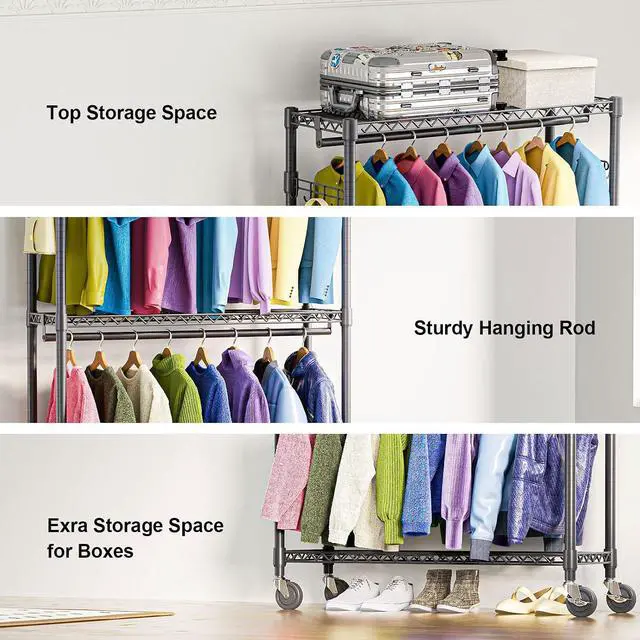Alt view image 4 of 7 - M Heavy Duty Rolling Garment Rack 3 Tiers Adjustable Wire Shelving Clothes Rack with 2 Rods and Side Hooks,Storage Closet Clothing Rack with Wheels Black 15.7" D x 45.3" W x 79.6" H