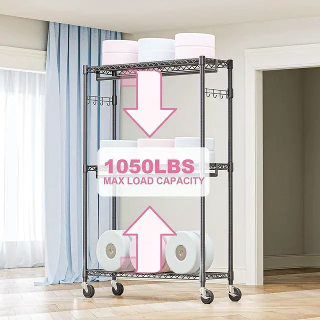 Alt view image 5 of 7 - M Heavy Duty Rolling Garment Rack 3 Tiers Adjustable Wire Shelving Clothes Rack with 2 Rods and Side Hooks,Storage Closet Clothing Rack with Wheels Black 15.7" D x 45.3" W x 79.6" H