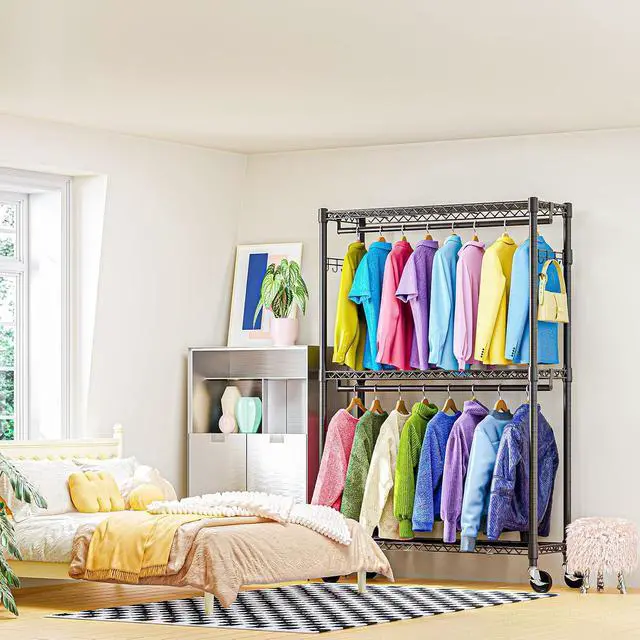 Alt view image 7 of 7 - M Heavy Duty Rolling Garment Rack 3 Tiers Adjustable Wire Shelving Clothes Rack with 2 Rods and Side Hooks,Storage Closet Clothing Rack with Wheels Black 15.7" D x 45.3" W x 79.6" H