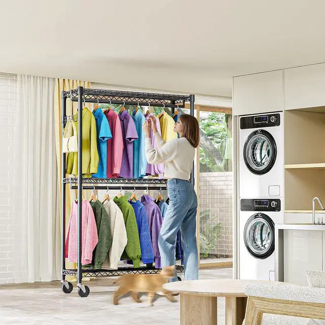 Alt view image 6 of 7 - M Heavy Duty Rolling Garment Rack 3 Tiers Adjustable Wire Shelving Clothes Rack with 2 Rods and Side Hooks,Storage Closet Clothing Rack with Wheels Black 15.7" D x 45.3" W x 79.6" H