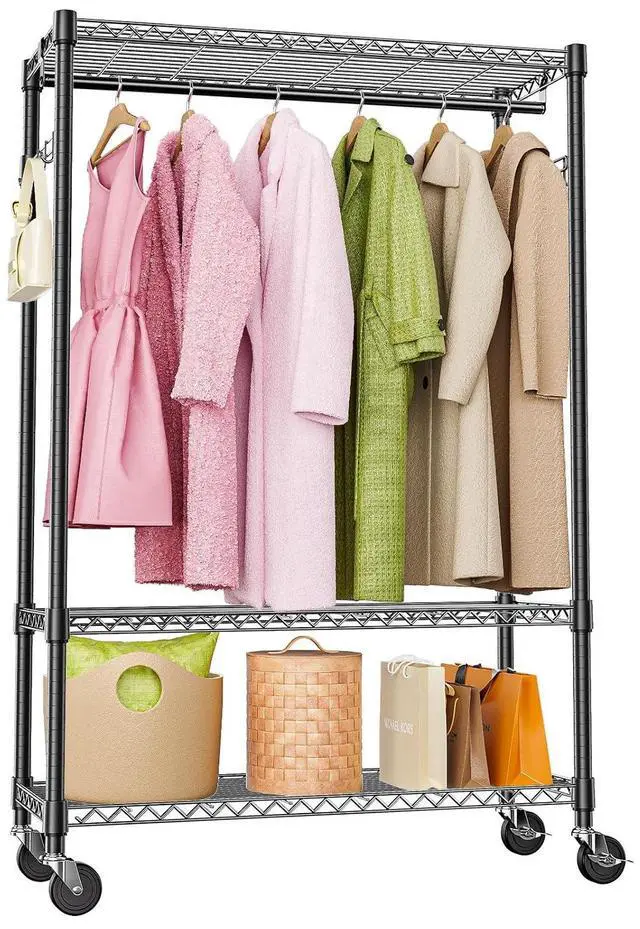 Main image of M Heavy Duty Rolling Garment Rack 3 Tiers Adjustable Wire Shelving Clothes Rack with 1 Rods and Side Hooks,Storage Closet Clothing Rack with Wheels Black 15.7" D x 45.3" W x 75.6" H