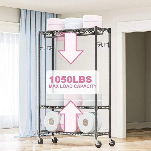 Alt view image 5 of 7 - M Heavy Duty Rolling Garment Rack 3 Tiers Adjustable Wire Shelving Clothes Rack with 1 Rods and Side Hooks,Storage Closet Clothing Rack with Wheels Black 15.7" D x 45.3" W x 75.6" H