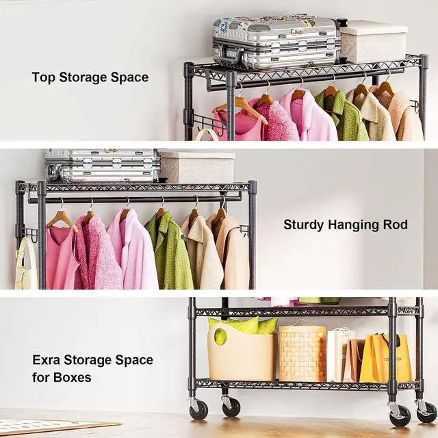 Alt view image 4 of 7 - M Heavy Duty Rolling Garment Rack 3 Tiers Adjustable Wire Shelving Clothes Rack with 1 Rods and Side Hooks,Storage Closet Clothing Rack with Wheels Black 15.7" D x 45.3" W x 75.6" H