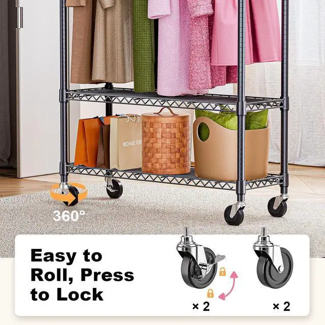 Alt view image 3 of 7 - M Heavy Duty Rolling Garment Rack 3 Tiers Adjustable Wire Shelving Clothes Rack with 1 Rods and Side Hooks,Storage Closet Clothing Rack with Wheels Black 15.7" D x 45.3" W x 75.6" H
