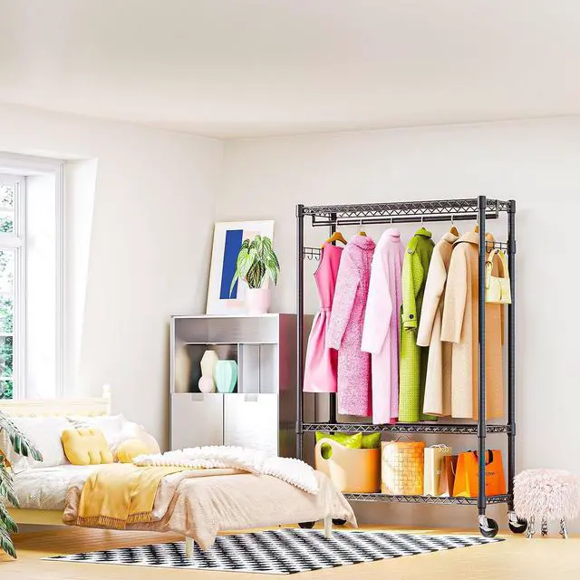 Alt view image 6 of 7 - M Heavy Duty Rolling Garment Rack 3 Tiers Adjustable Wire Shelving Clothes Rack with 1 Rods and Side Hooks,Storage Closet Clothing Rack with Wheels Black 15.7" D x 45.3" W x 75.6" H
