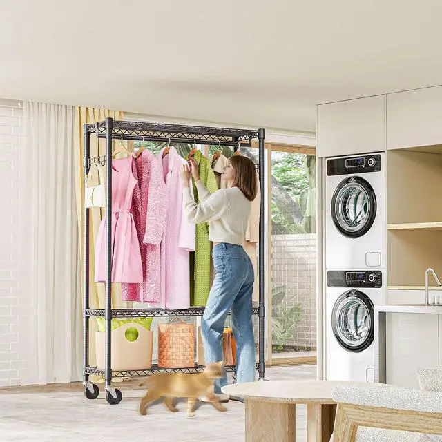 Alt view image 7 of 7 - M Heavy Duty Rolling Garment Rack 3 Tiers Adjustable Wire Shelving Clothes Rack with 1 Rods and Side Hooks,Storage Closet Clothing Rack with Wheels Black 15.7" D x 45.3" W x 75.6" H
