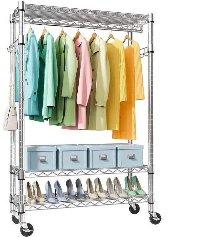 Main image of M Heavy Duty Rolling Garment Rack 3 Tiers Adjustable Wire Shelving Clothes Rack with Rods and Side Hooks,Storage Closet Clothing Rack with Wheels Chrome 17.7" D x 47.2" W x 83.6" H