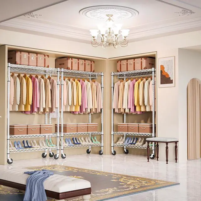 Alt view image 3 of 7 - M Heavy Duty Rolling Garment Rack 3 Tiers Adjustable Wire Shelving Clothes Rack with Rods and Side Hooks,Storage Closet Clothing Rack with Wheels Chrome 17.7" D x 47.2" W x 83.6" H