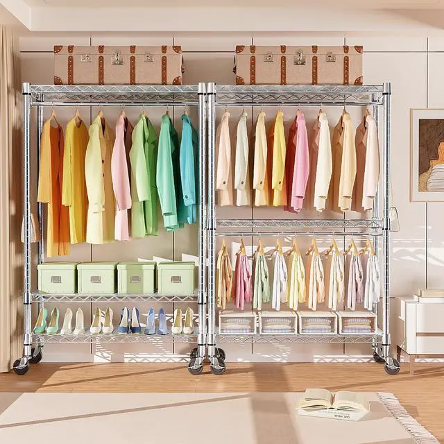Alt view image 4 of 7 - M Heavy Duty Rolling Garment Rack 3 Tiers Adjustable Wire Shelving Clothes Rack with Rods and Side Hooks,Storage Closet Clothing Rack with Wheels Chrome 17.7" D x 47.2" W x 83.6" H