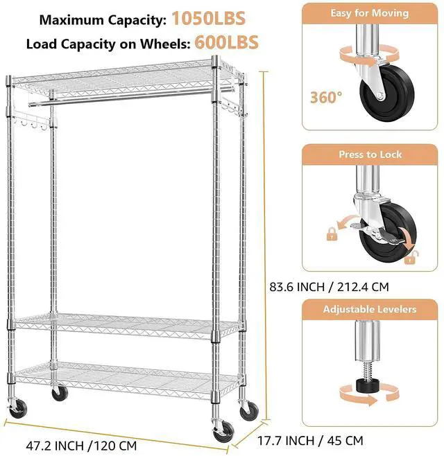 Alt view image 6 of 7 - M Heavy Duty Rolling Garment Rack 3 Tiers Adjustable Wire Shelving Clothes Rack with Rods and Side Hooks,Storage Closet Clothing Rack with Wheels Chrome 17.7" D x 47.2" W x 83.6" H
