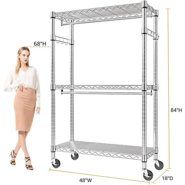 Alt view image 2 of 7 - M Heavy Duty Rolling Garment Rack 3 Tiers Adjustable Wire Shelving Clothes Rack with 2 Rods and Side Hooks, Storage Closet Clothing Rack with Wheels Chrome 17.7" D x 47.2" W x 83.6" H