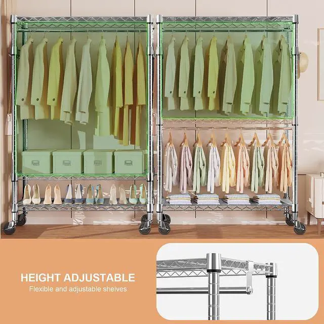 Alt view image 3 of 7 - M Heavy Duty Rolling Garment Rack 3 Tiers Adjustable Wire Shelving Clothes Rack with 2 Rods and Side Hooks, Storage Closet Clothing Rack with Wheels Chrome 17.7" D x 47.2" W x 83.6" H