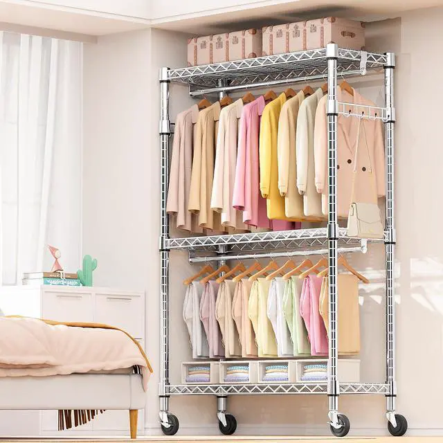 Alt view image 5 of 7 - M Heavy Duty Rolling Garment Rack 3 Tiers Adjustable Wire Shelving Clothes Rack with 2 Rods and Side Hooks, Storage Closet Clothing Rack with Wheels Chrome 17.7" D x 47.2" W x 83.6" H