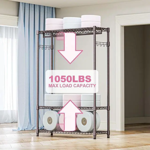 Alt view image 4 of 7 - M Heavy Duty Rolling Garment Rack 3 Tiers Adjustable Wire Shelving Clothes Rack with 1 Rods and Side Hooks,Storage Closet Clothing Rack Grey 15.7" D x 45.3" W x 72.4" H