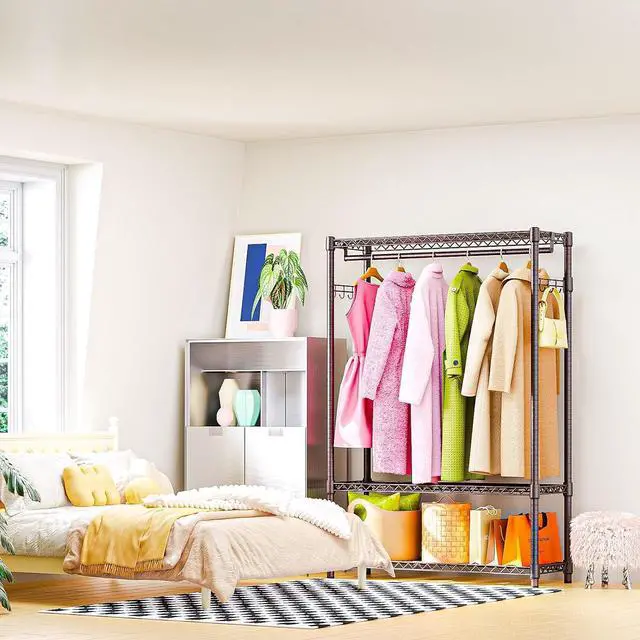 Alt view image 5 of 7 - M Heavy Duty Rolling Garment Rack 3 Tiers Adjustable Wire Shelving Clothes Rack with 1 Rods and Side Hooks,Storage Closet Clothing Rack Grey 15.7" D x 45.3" W x 72.4" H