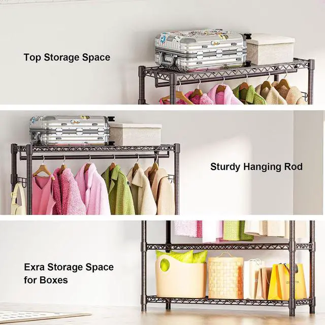 Alt view image 3 of 7 - M Heavy Duty Rolling Garment Rack 3 Tiers Adjustable Wire Shelving Clothes Rack with 1 Rods and Side Hooks,Storage Closet Clothing Rack Grey 15.7" D x 45.3" W x 72.4" H