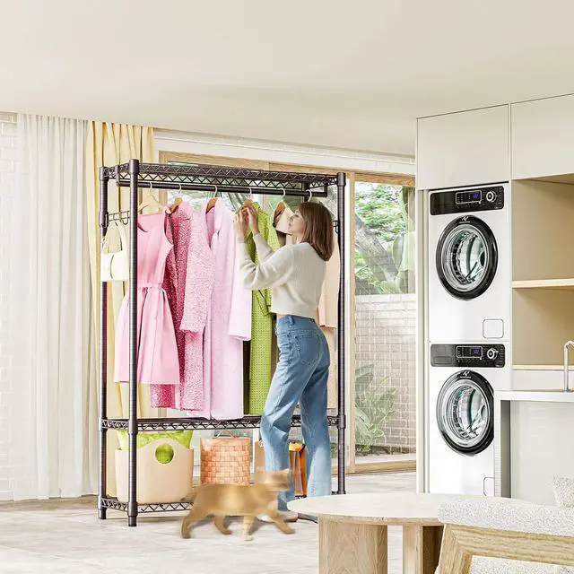 Alt view image 6 of 7 - M Heavy Duty Rolling Garment Rack 3 Tiers Adjustable Wire Shelving Clothes Rack with 1 Rods and Side Hooks,Storage Closet Clothing Rack Grey 15.7" D x 45.3" W x 72.4" H
