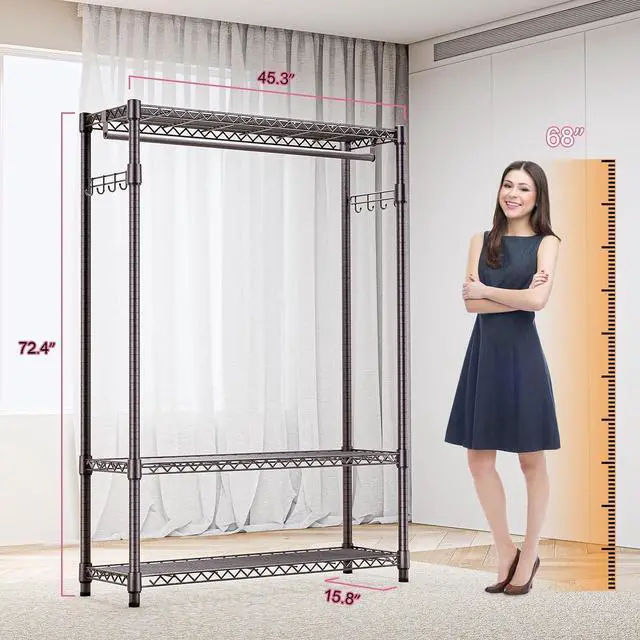 Alt view image 7 of 7 - M Heavy Duty Rolling Garment Rack 3 Tiers Adjustable Wire Shelving Clothes Rack with 1 Rods and Side Hooks,Storage Closet Clothing Rack Grey 15.7" D x 45.3" W x 72.4" H