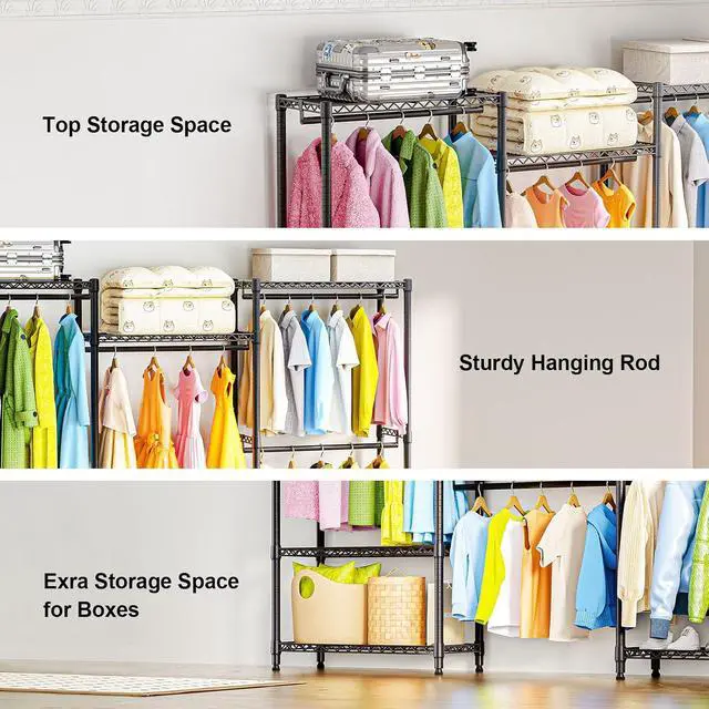Alt view image 3 of 7 - M Heavy Duty Rolling Garment Rack 6 Tiers Adjustable Wire Shelving Clothes Rack with Rods Storage Closet Clothing Rack Black 15.7" D x 70.8" W x 76.5" H