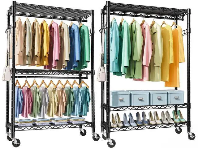Main image of M 2 PCS Heavy Duty Rolling Garment Rack 3 Tiers Adjustable Wire Shelving Clothes Rack with 2 Rods and Side Hooks, Storage Closet Clothing Rack with Wheels Black 17.7" D x 47.2" W x 83.6" H