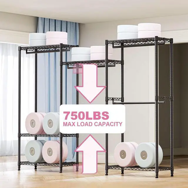 Alt view image 4 of 7 - M Heavy Duty Rolling Garment Rack 6 Tiers Adjustable Wire Shelving Clothes Rack with Rods Storage Closet Clothing Rack Black 15.7" D x 70.8" W x 76.5" H