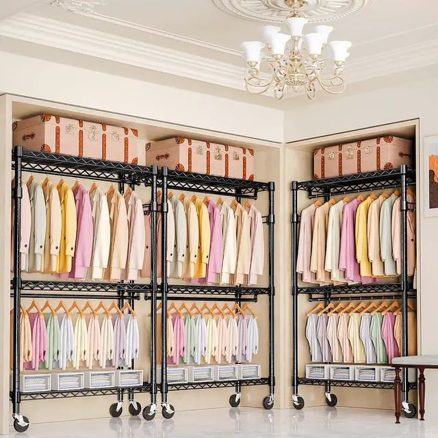 Alt view image 6 of 7 - M Heavy Duty Rolling Garment Rack 3 Tiers Adjustable Wire Shelving Clothes Rack with 2 Rods and Side Hooks, Storage Closet Clothing Rack with Wheels Black 17.7" D x 47.2" W x 83.6" H