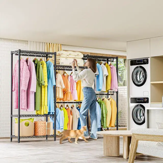 Alt view image 6 of 7 - M Heavy Duty Rolling Garment Rack 6 Tiers Adjustable Wire Shelving Clothes Rack with Rods Storage Closet Clothing Rack Black 15.7" D x 70.8" W x 76.5" H