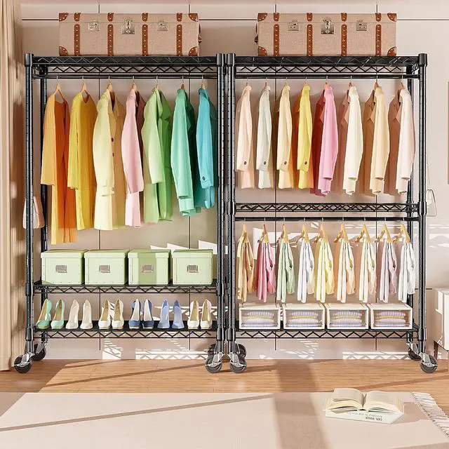 Alt view image 3 of 7 - M 2 PCS Heavy Duty Rolling Garment Rack 3 Tiers Adjustable Wire Shelving Clothes Rack with 2 Rods and Side Hooks, Storage Closet Clothing Rack with Wheels Black 17.7" D x 47.2" W x 83.6" H