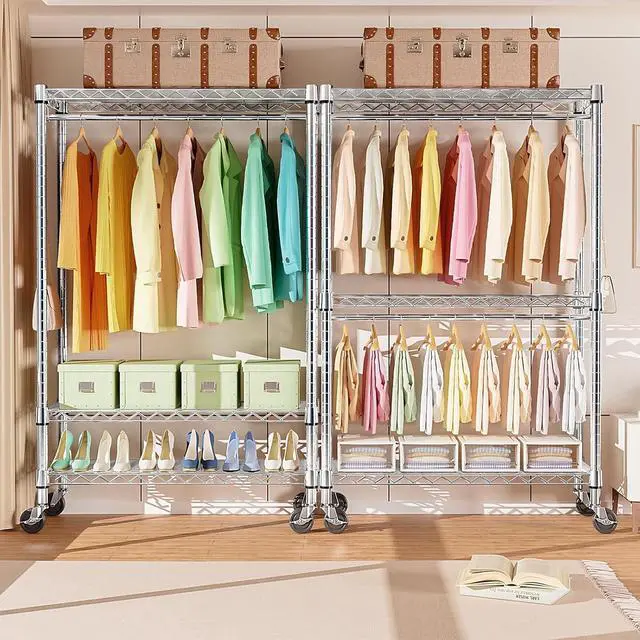 Alt view image 2 of 7 - M 2 PCS Heavy Duty Rolling Garment Rack and Wire Storage Shelving 3-Tier Utility Shelving Unit