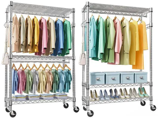 Main image of M 2 PCS Heavy Duty Rolling Garment Rack 3 Tiers Adjustable Wire Shelving Clothes Rack with Rod and Side Hooks, Storage Closet Clothing Rack with Wheels Chrome 17.7" D x 47.2" W x 83.6" H