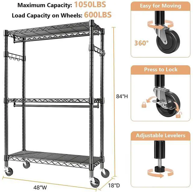 Alt view image 7 of 7 - M 2 PCS Heavy Duty Rolling Garment Rack 3 Tiers Adjustable Wire Shelving Clothes Rack with 2 Rods and Side Hooks, Storage Closet Clothing Rack with Wheels Black 17.7" D x 47.2" W x 83.6" H