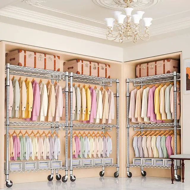 Alt view image 4 of 7 - M 2 PCS Heavy Duty Rolling Garment Rack and Wire Storage Shelving 3-Tier Utility Shelving Unit