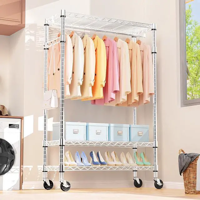Alt view image 5 of 7 - M 2 PCS Heavy Duty Rolling Garment Rack 3 Tiers Adjustable Wire Shelving Clothes Rack with Rod and Side Hooks, Storage Closet Clothing Rack with Wheels Chrome 17.7" D x 47.2" W x 83.6" H