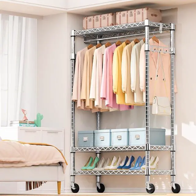 Alt view image 6 of 7 - M 2 PCS Heavy Duty Rolling Garment Rack 3 Tiers Adjustable Wire Shelving Clothes Rack with Rod and Side Hooks, Storage Closet Clothing Rack with Wheels Chrome 17.7" D x 47.2" W x 83.6" H