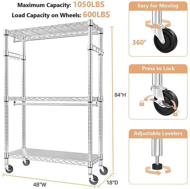 Alt view image 7 of 7 - M 2 PCS Heavy Duty Rolling Garment Rack 3 Tiers Adjustable Wire Shelving Clothes Rack with Rod and Side Hooks, Storage Closet Clothing Rack with Wheels Chrome 17.7" D x 47.2" W x 83.6" H