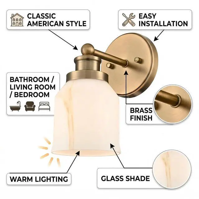 Alt view image 4 of 7 - HYDELITE Vintage Wall Sconce Gold Vanity Light with Bell-Shaped Glass | Indoor Brass Wall Light for Bathroom Living Room Bedroom Hallway Washroom E26 Base
